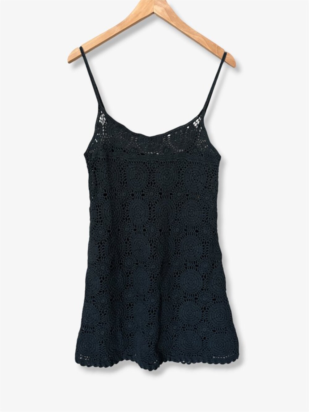 VTG 90s Guess Collection Black Circle Motif Crochet Mini Dress Coverup Size M